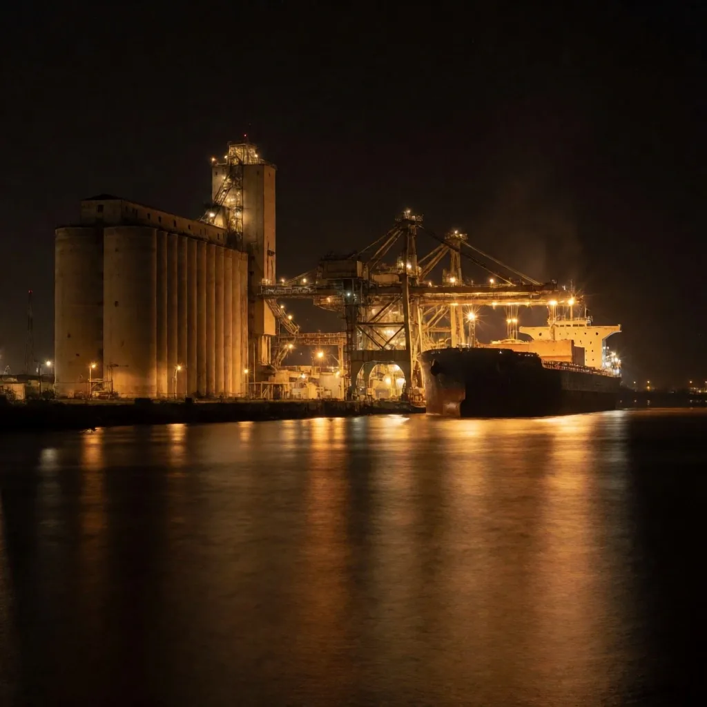 Puerto de carga y silos de granos en Rosario sobre el río Paraná