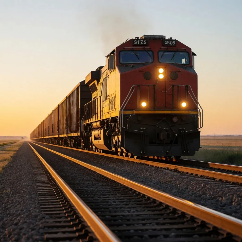 Tren de carga transportando grano a través de la llanura pampeana