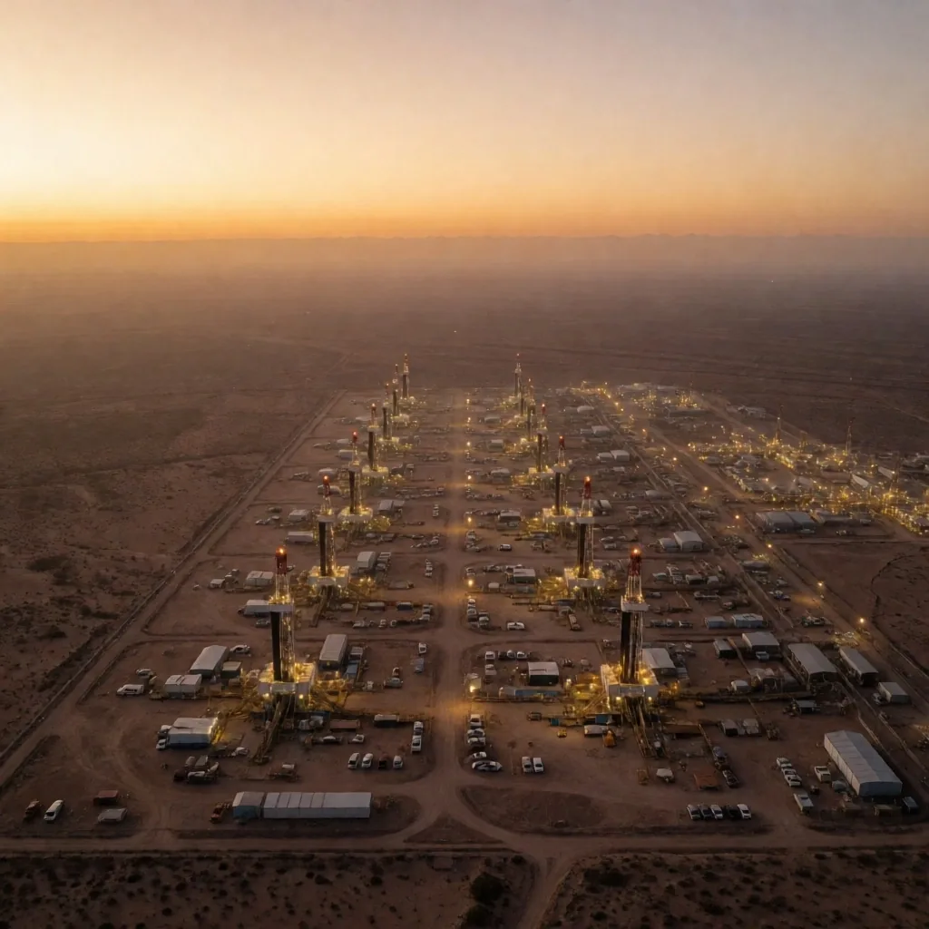 Yacimientos de hidrocarburos en la formación Vaca Muerta al atardecer
