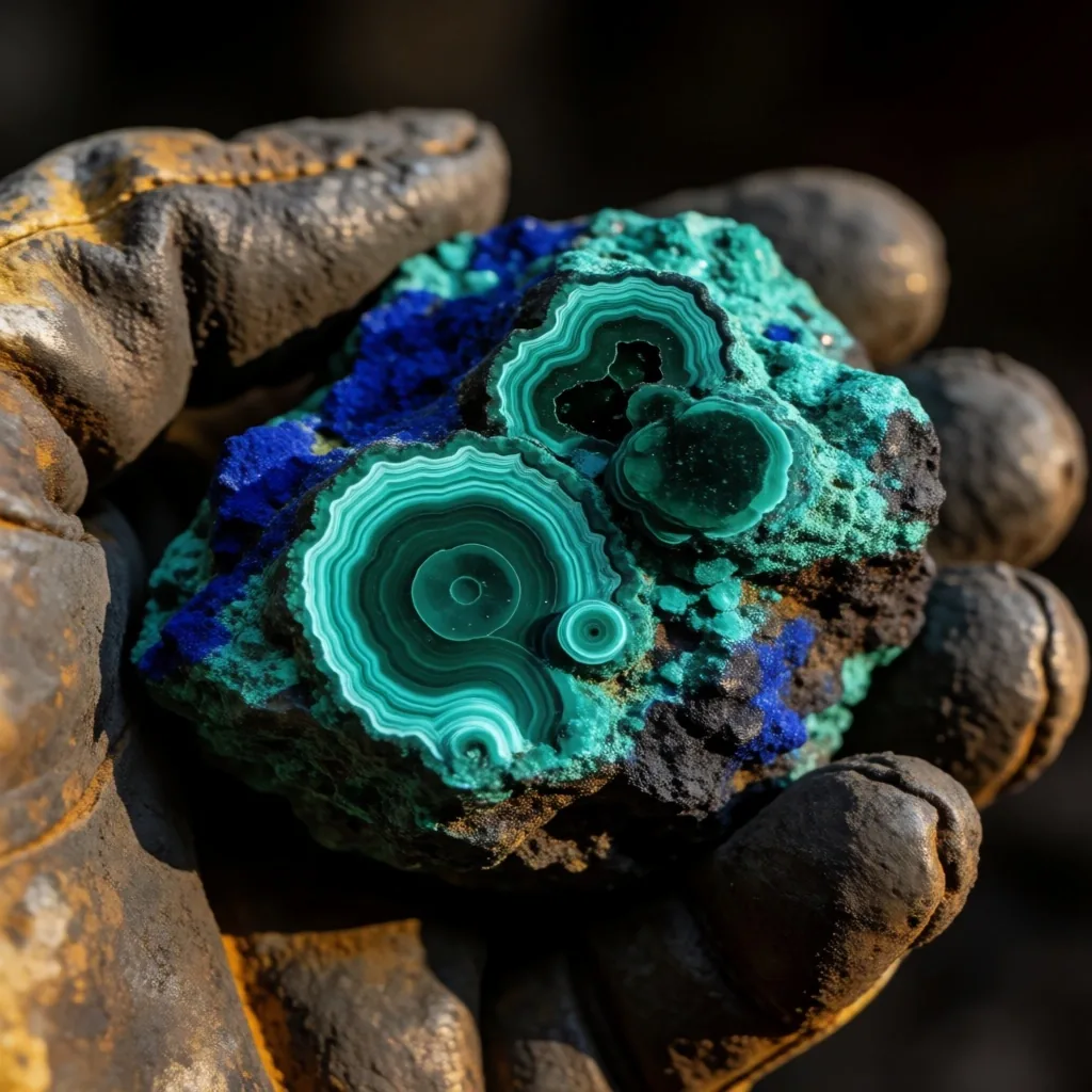 Muestra de mineral de cobre con patina de oxidación