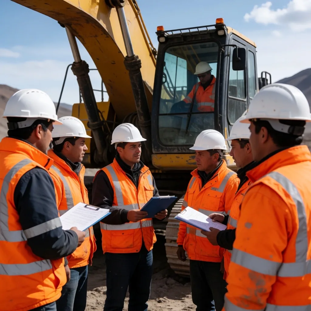 Operarios mineros en sesión de capacitación técnica en sitio andino