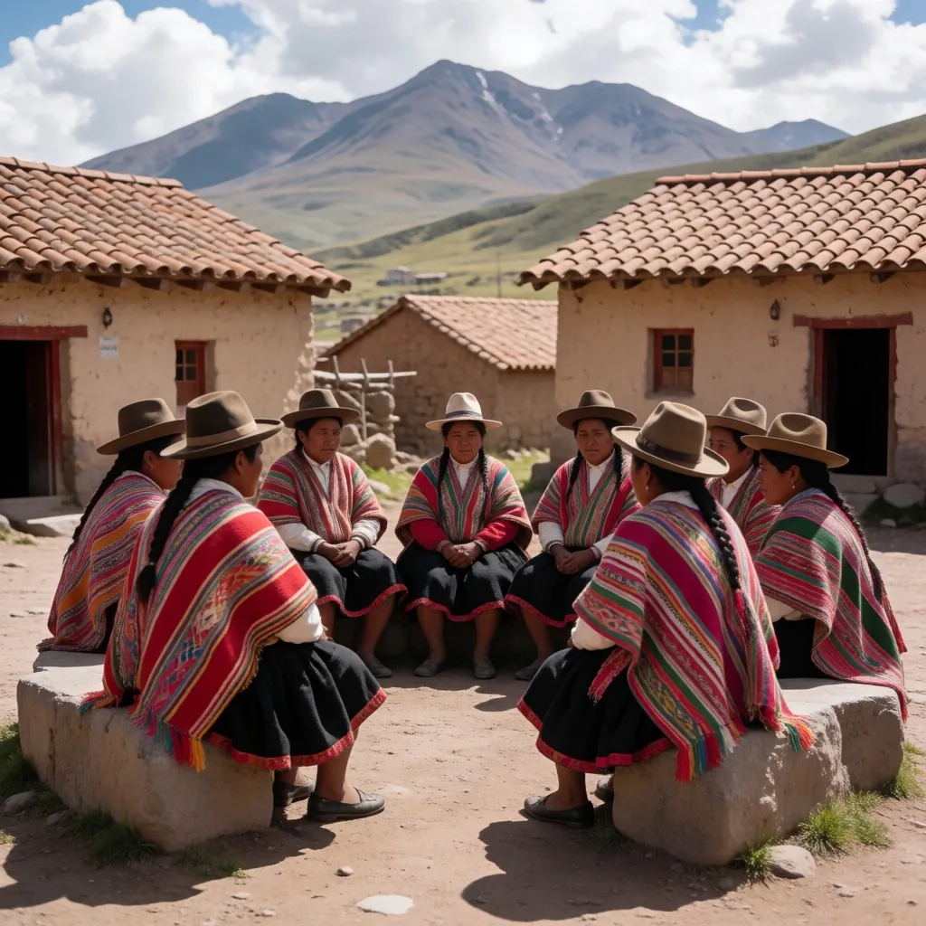 Reunión comunitaria en pueblo originario andino