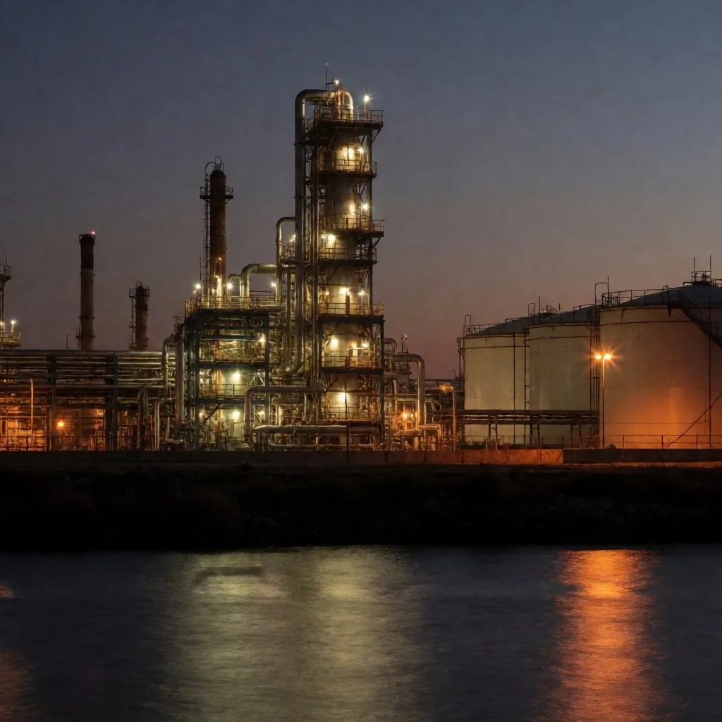 Paisaje industrial argentino al anochecer