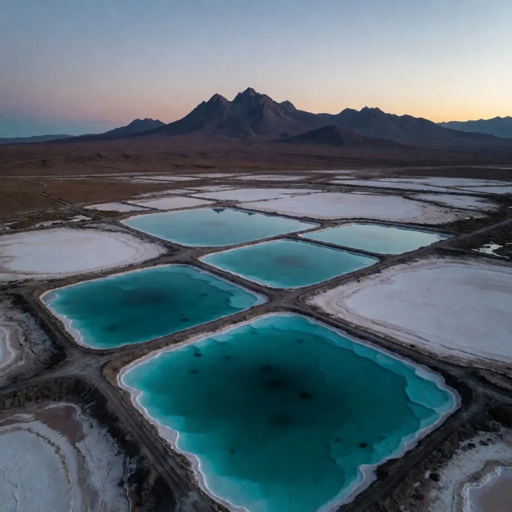 Vista aérea de salares de litio en Argentina al atardecer